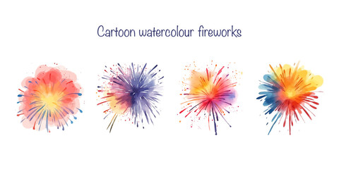 Set of vector watercolor fireworks. Birthday, New Year, celebration decor. 
