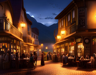 Naklejka na ściany i meble Cozy magical café courtyard at night. Warm glow over patrons relaxing at the tables. Urban night background. Digital illustration. CG Artwork Background