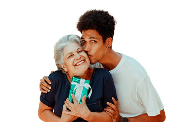 Caucasian mother and her black son isolated on white background.