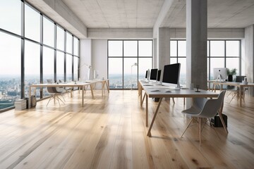 City view office space with blank wall for poster, modern computers on white tables, and wooden parquet floor. 3d rendering. Generative AI