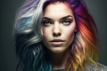 Fototapeta premium Beautiful woman with colorful hair and makeup. Beautiful face.GENERATION Ai