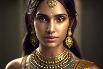 Beautiful Indian girl. Young hindu woman model wearing jewelry. Traditional Indian yellow sari. Generative AI