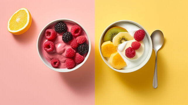two bowls of fruit and yogurt on a yellow and pink background. Generative Ai