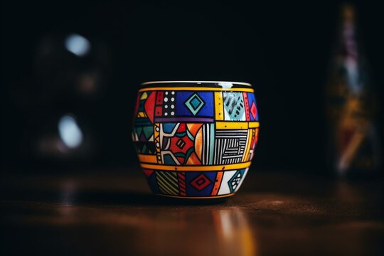 Colorful Ndebele-style coffee cup, made using technology with traditional art inspiration. Generative AI
