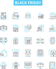 Black friday vector line icons set. BlackFriday, Deals, Discounts, Shopping, Sales, Online, Retail illustration outline concept symbols and signs