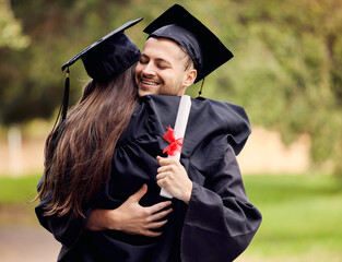 I am so proud of us. Shot of a young man hugging her friend on graduation day.