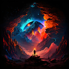 Fototapeta premium Into the Mystical Unknown: One Man's Solo Quest Through a Land of Wonders
