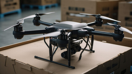 Drone stands on a cardboard box. Generative Ai