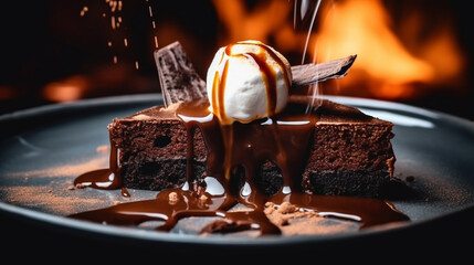 chocolate cake with ice cream and caramel sauce on a plate. Generative Ai