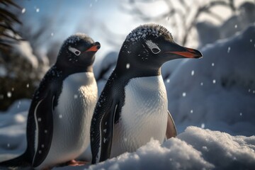 Adorable snowy penguins. AI created. Generative AI