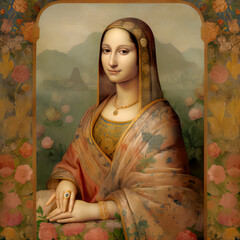 Young woman as Mona Lisa, La Gioconda isolated on floral background. Mughal style, comparison of eras concept. Beautiful female model like classic historical character, old-fashioned, Persian art,