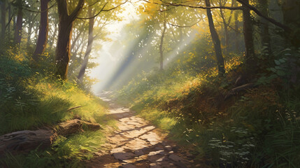 a painting of a path in the woods with sunlight. Generative Ai