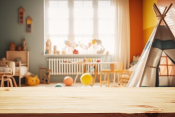 Wooden table free space over blur background of childrens room with kid toys. Product display presentation