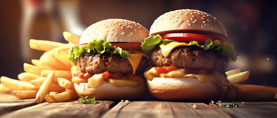 Two hamburgers on a wooden board