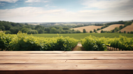 An empty wooden counter table top for product display showcase stage in a french vineyard. Generative AI