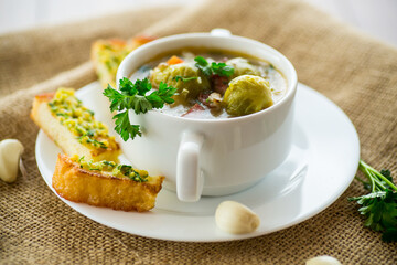 Hot cooked soup with Brussels sprouts, vegetables and croutons, in a plate.