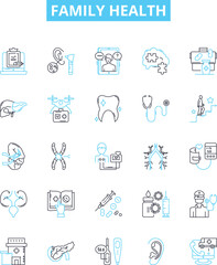 Family health vector line icons set. Family, Health, Wellbeing, Nutrition, Exercise, Lifestyle, Pediatric illustration outline concept symbols and signs