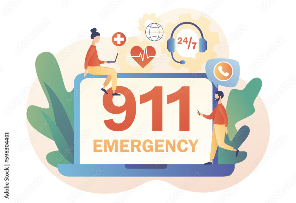 Poster 911 emergency call on web site. assistant manager online. ambulance service. hotline call center. mo