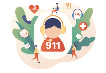 Ambulance service. 911 emergency call. Assistant manager online. Hotline call center. Modern flat cartoon style. Vector illustration on white background