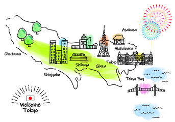 手描きの東京の観光地のシンプル線画イラストマップ