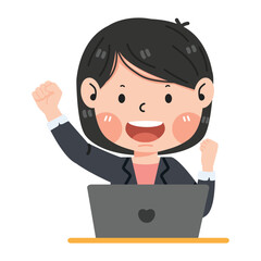 Cute Female entrepreneur excited hold fist hand up gesture with laptop