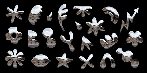 Set of Y2K themed chrome 3D objects, vector abstract shapes with metallic shine - star, arrow, flower, drop, and more