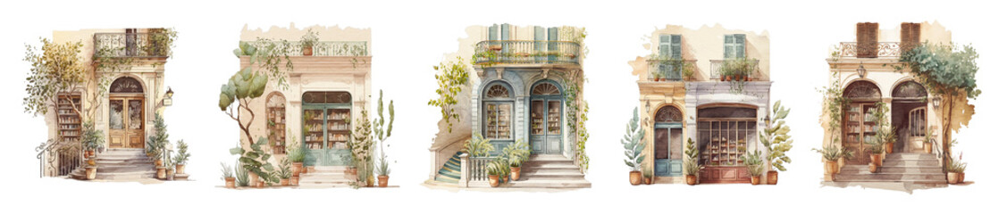 Set of vintage bookstore facades in baroque style. Watercolor images of vintage shops created with Generative AI technology.