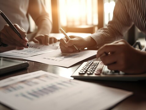 Buchhalter arbeiten an Bilanz zur Analyse von Problemen und finden L&ouml;sungen zur Weiterentwicklung von Unternehmensorganisation und Aktienmarktsystem, Generative AI.