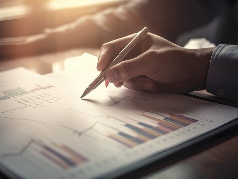 Business Schreibtisch zur Bilanz und Analyse von Problemen und finden L&ouml;sungen zur Weiterentwicklung von Unternehmensorganisation und Aktienmarktsystem, Generative AI.