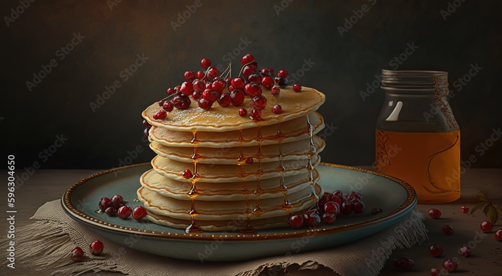 Poster stacks of pancake doused in honey and topped with red currant berries generative ai