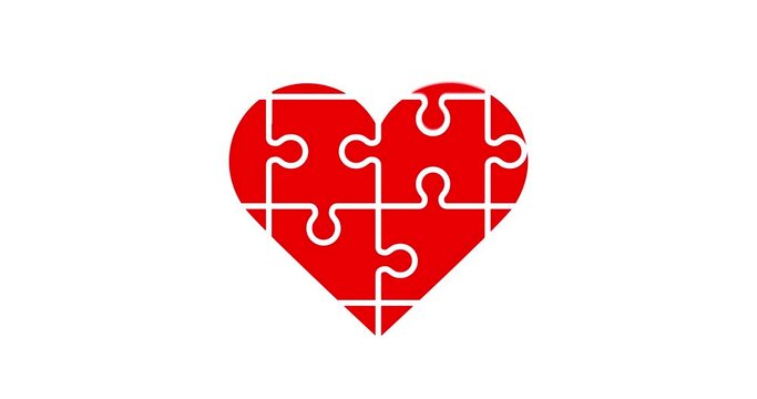 Animation of heart jigsaw, puzzle icon. Love symbol in red.