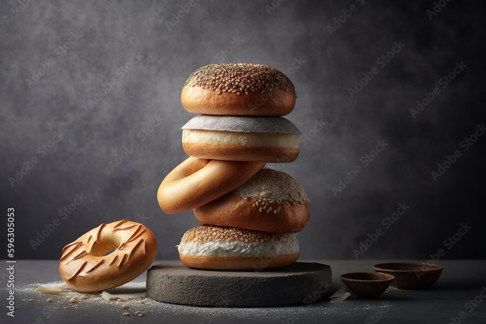 Poster gray backdrop with a stack of buns and bagels. superior image quality generative ai