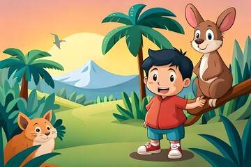 Obraz na płótnie Canvas A Cute Kid Character with his cute Cat and Kangaroo in the Jungle, Exploring Wildlife, children's animated films, children's story, kid story, 4k, animal wallpaper, pet background, AI