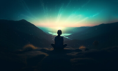 Obraz premium Buddhist monk observing the universe sitting in lotus position to do meditate, galaxy and stars fantasy background