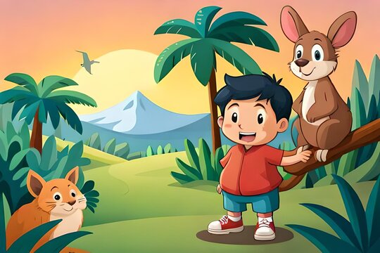 A Cute Kid Character with his cute Cat and Kangaroo in the Jungle, Exploring Wildlife, children's animated films, children's story, kid story, 4k, animal wallpaper, pet background, AI