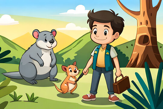 A Cute Kid Character with his cute Squirrel and bear in the Jungle, Exploring Wildlife, children's animated films, children's story, kid story, 4k, animal wallpaper, pet background, AI