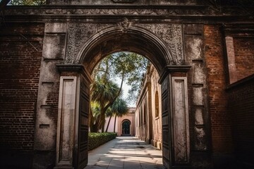 Fototapeta na wymiar Ancient arched gateway in historic district. Generative AI