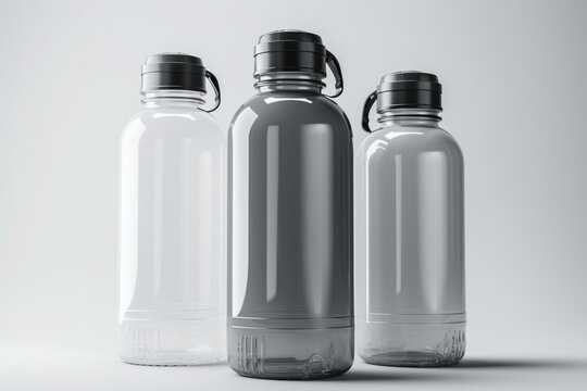 Empty sports water bottles on white background for template design. 3D render. Generative AI