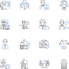 Workspace line icons collection. Desk, Office, Cubicle, Chair, Computer, Keyboard, Mouse vector and linear illustration. Printer,Scanner,Ph outline signs set