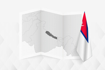 A grayscale map of Nepal with a hanging Nepalese flag on one side. Vector map for many types of news.