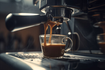Close up details of brewing machinery pouring and preparing espresso in two cups. Generative AI