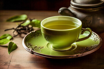 Green tea in a cup and teapot on a wooden table