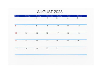 The August 2023 Calendar page for 2023 year isolated on white background, Saved clipping path.