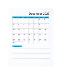 The Vertical of December 2023 Calendar page for 2023 year isolated on white background, Saved clipping path.