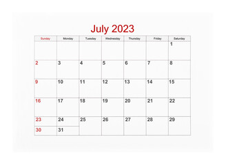 The July 2023 Calendar page for 2023 year isolated on white background, Save clipping path.