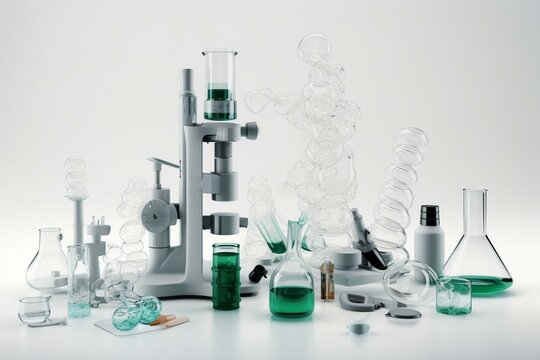 A collection of laboratory equipment including a microscope, beaker, DNA helix, molecule, atom, and test tube on a white background. Perfect for science, medical, and educational use.. Generative AI