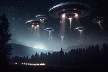 ufo wave flying at night above a forest. Ai generative - obrazy, fototapety, plakaty