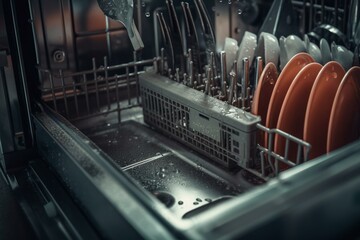 Cleaning machinery for dirty water sink & utensils. Sprinkler drain & salt place inside clean dishwasher. Generative AI