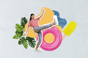Composite collage picture image of excited funny young girl have fun walking step enjoy summer vacation inflatable ring ice cream