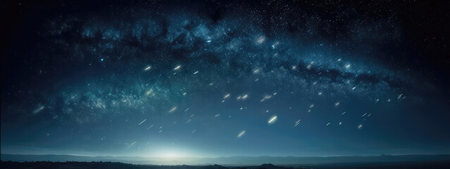Abstract Starry Sky With Falling Meteorites, Panoramic Background. Generative AI